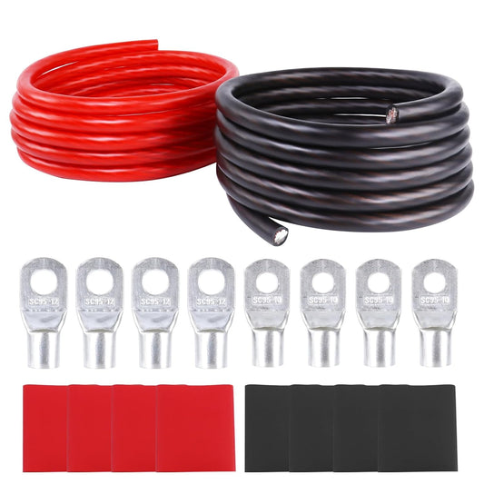 2/0 Gauge Battery Cable (12 Feet Black, 12 Feet Red) - 2/0 AWG CCA Welding Wire with SC Connector Lugs & 3:1 Heat Shrink Tubes for Solar, Car, RV, Truck Cables