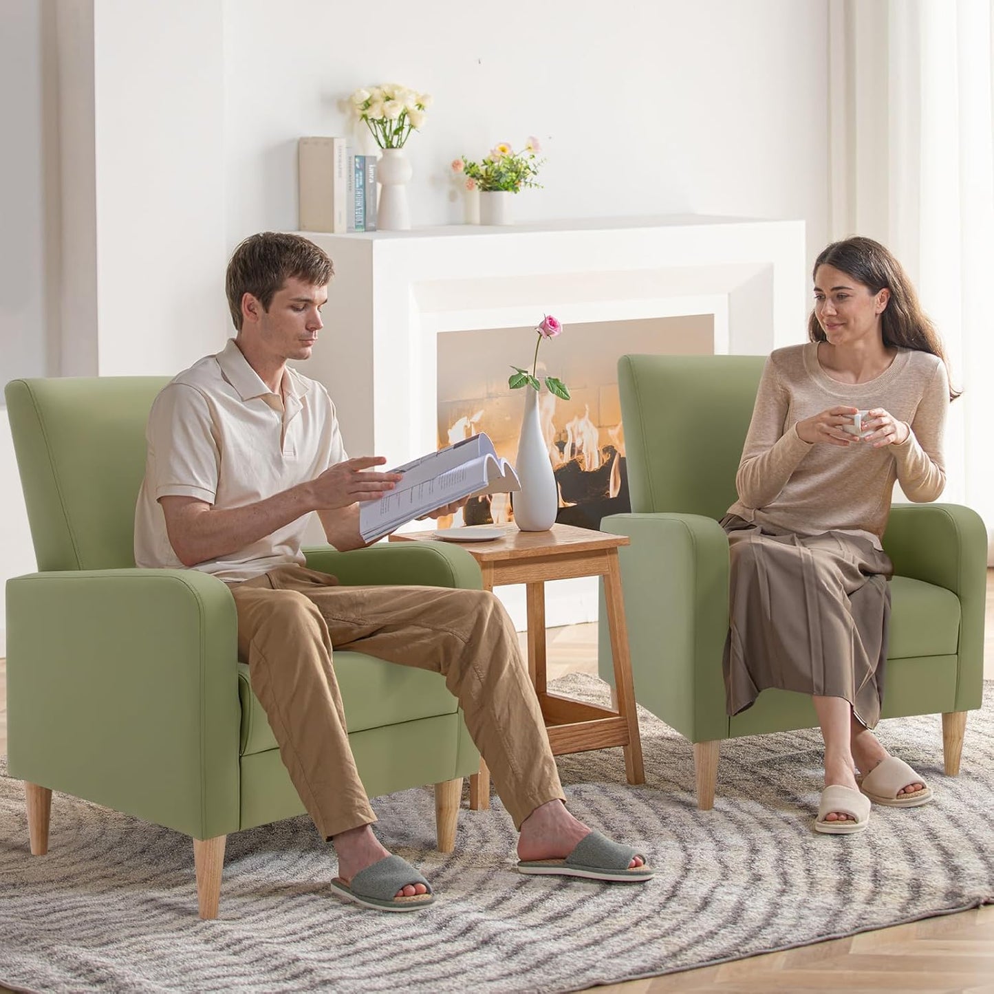 COLAMY Fabric Accent Living Room Chairs Set of 2, Upholstered Arm Chair Reading Side Chair, Single Sofa with Back Pillow and Wood Legs, Blue