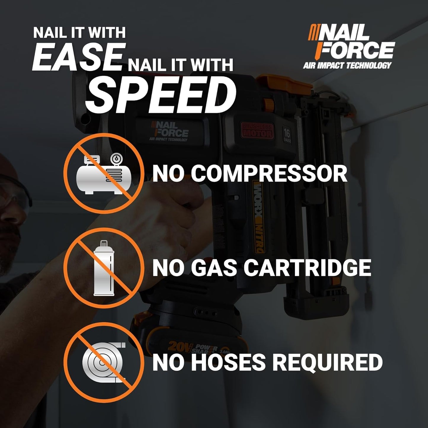 Worx Nitro 20V 16GA Finish Nailer Cordless 70 Nails/Min Sinks Up to 2-1/2", Compact Cordless Nail Gun w/Tool-Free Jam Release, Brushless Nail Gun Battery Powered WX841L.9 – Tool Only