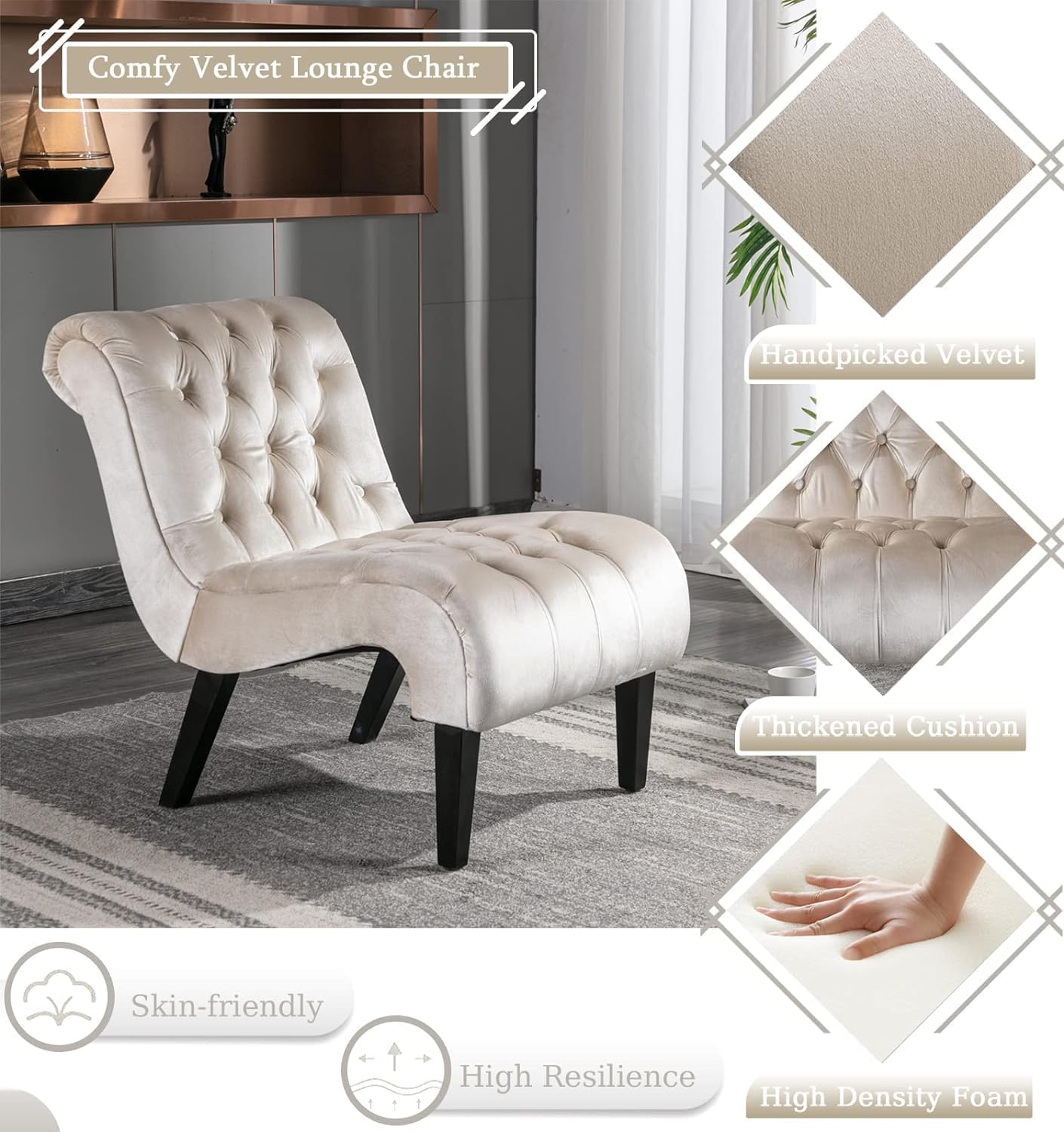 Comfy Velvet Accent Chair Set of 2, Upholstered Armless Side Chair for Living Room, Modern Small Lounger with Tufted Back and Rolled Edge Design, Comfy Chaise Lounge with Rubber Wood Legs, Beige