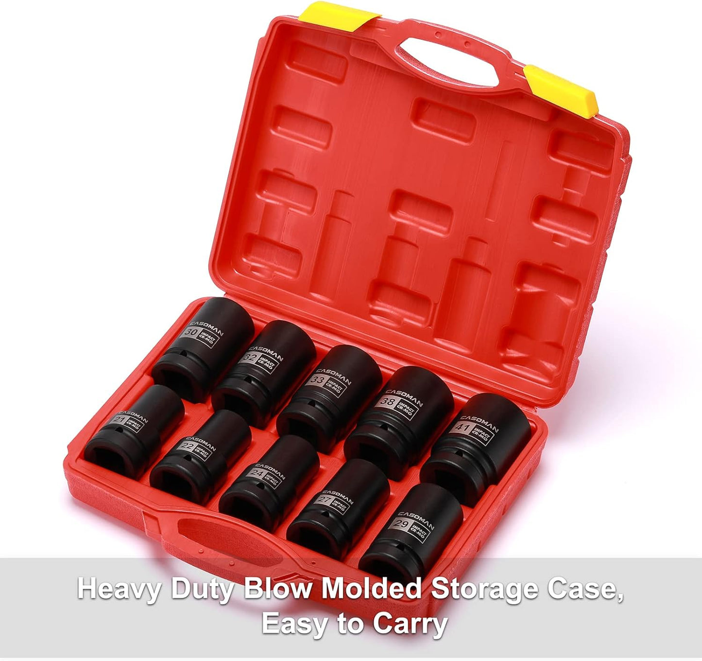 CASOMAN 10PCS 1-Inch Drive Deep Impact Socket Set, Metric, CR-MO, 21,22,24,27,29,30,32,33,38,41mm, Deep Spindle Axle Nut Impact Socket Set
