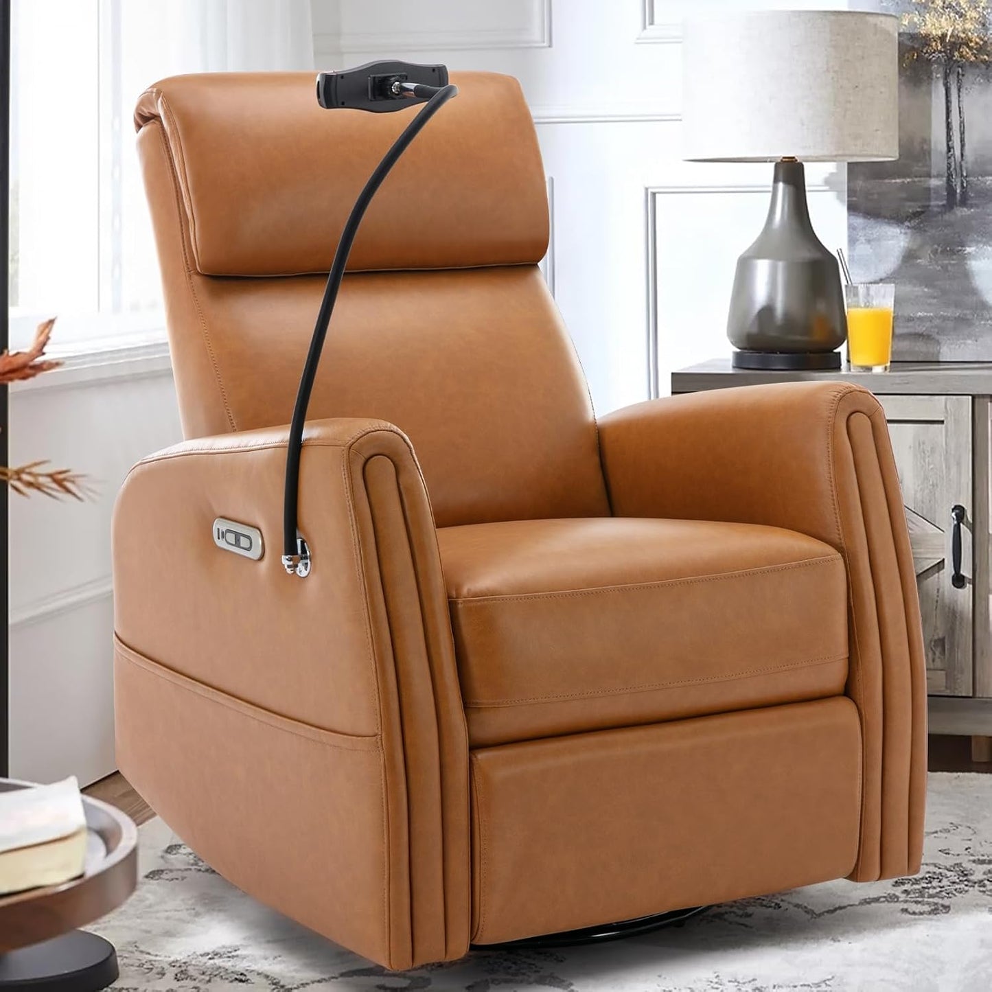 COLAMY Power Recliner Chairs Swivel Glider Rocker for Nursery, Upholstered Fabric Living Room Rocking Reclining Single Sofa Chair with 2 Device Holders, White, Set of 2