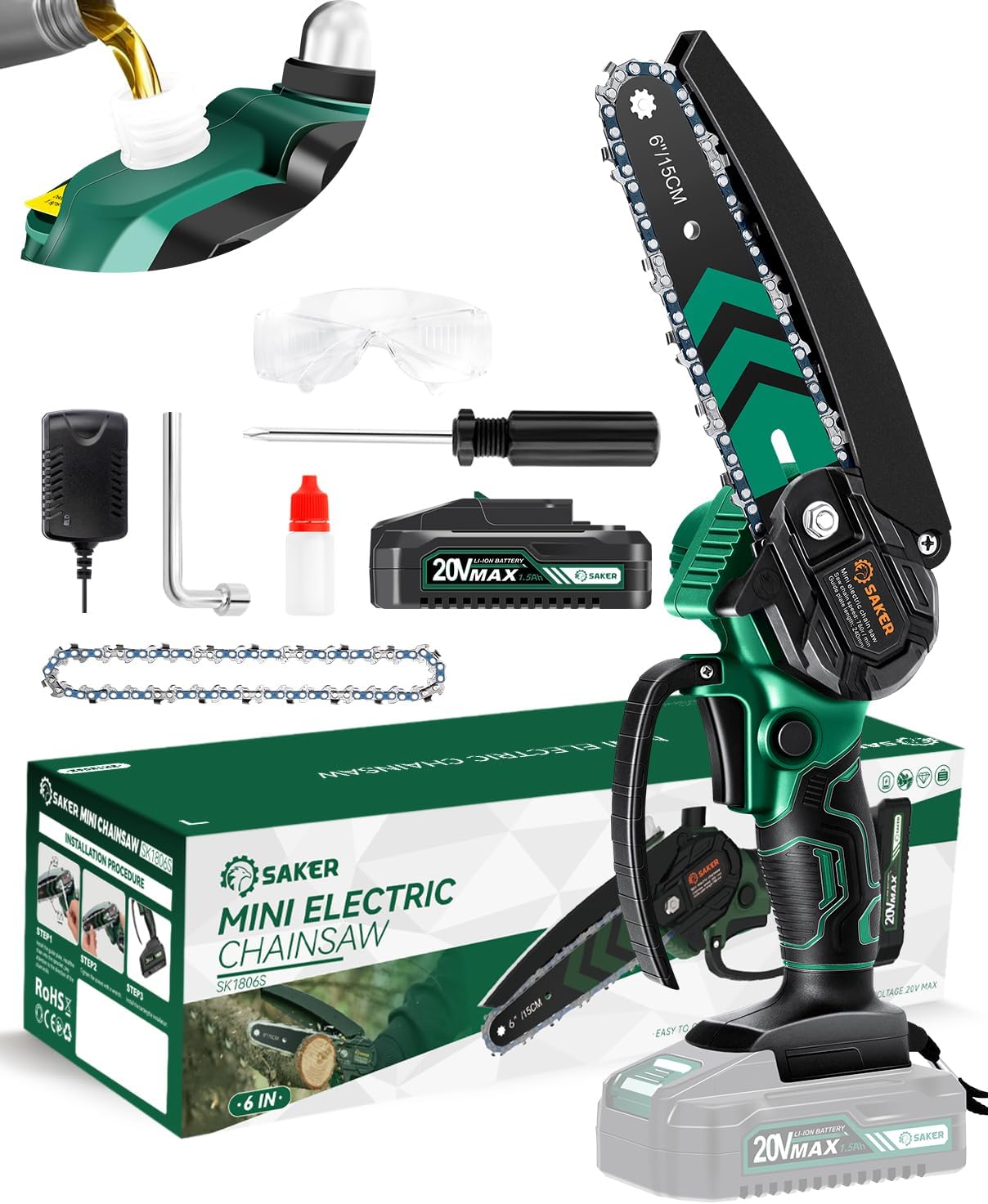 Saker Mini Chainsaw with Auto Oiler|6 Inch Chainsaws[2025 Upgraded]|Mini Cordless Electric Chain Saw|Small Handheld Portable Chainsaw Battery Powered for Tree Trimmer and Garden 2 Batteries+3 Chains