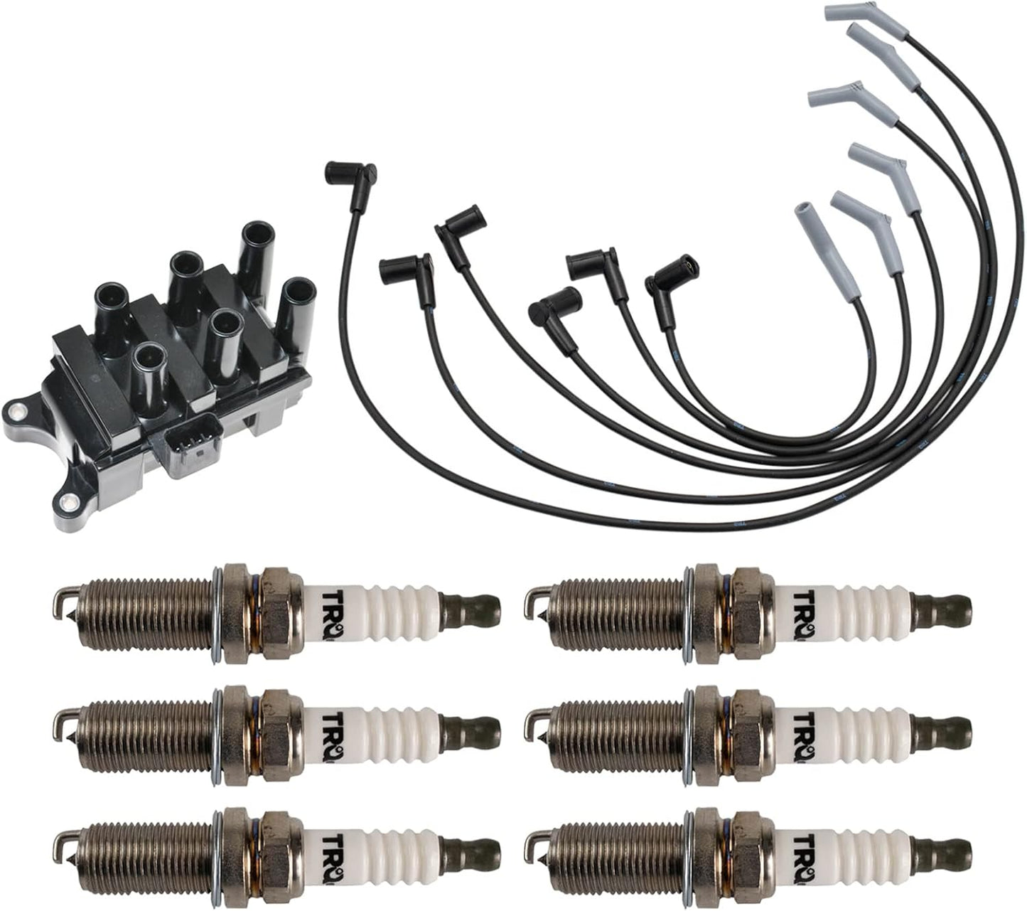TRQ Ignition Kit Ignition Coil Spark Plugs Wire Set Compatible with 2003-2008 Ford Ranger 2004-2007 Mazda B3000