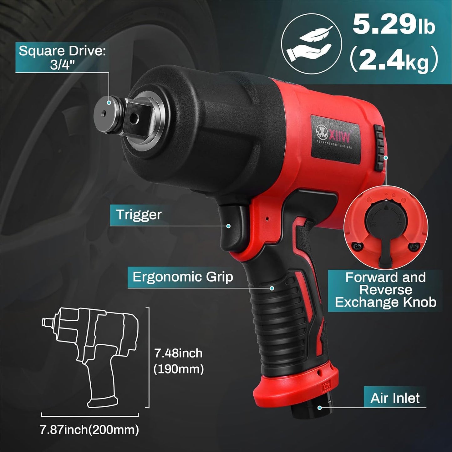 XIIW 3/4 Inch Air Impact Wrench, Max Nut-busting Torque 1950 ft-lbs, Heavy Duty 7000RPM 3/4 Air Drive Impact Gun, Twin Hammer Pneumatic Tool for Automobile Repair