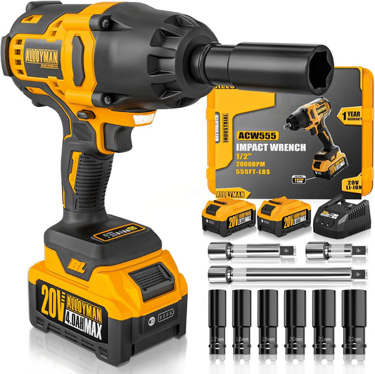 Alloyman 1/2 inch Impact Wrench Cordless, (750 N.m) 555 Ft-lbs Hight Torque Wrench,20V Power Impact Driver, Brushless Motor 2000 RPM, 2x 4.0AH Li-ion Battery,Charger,6 Sockets,3 Extension Bars