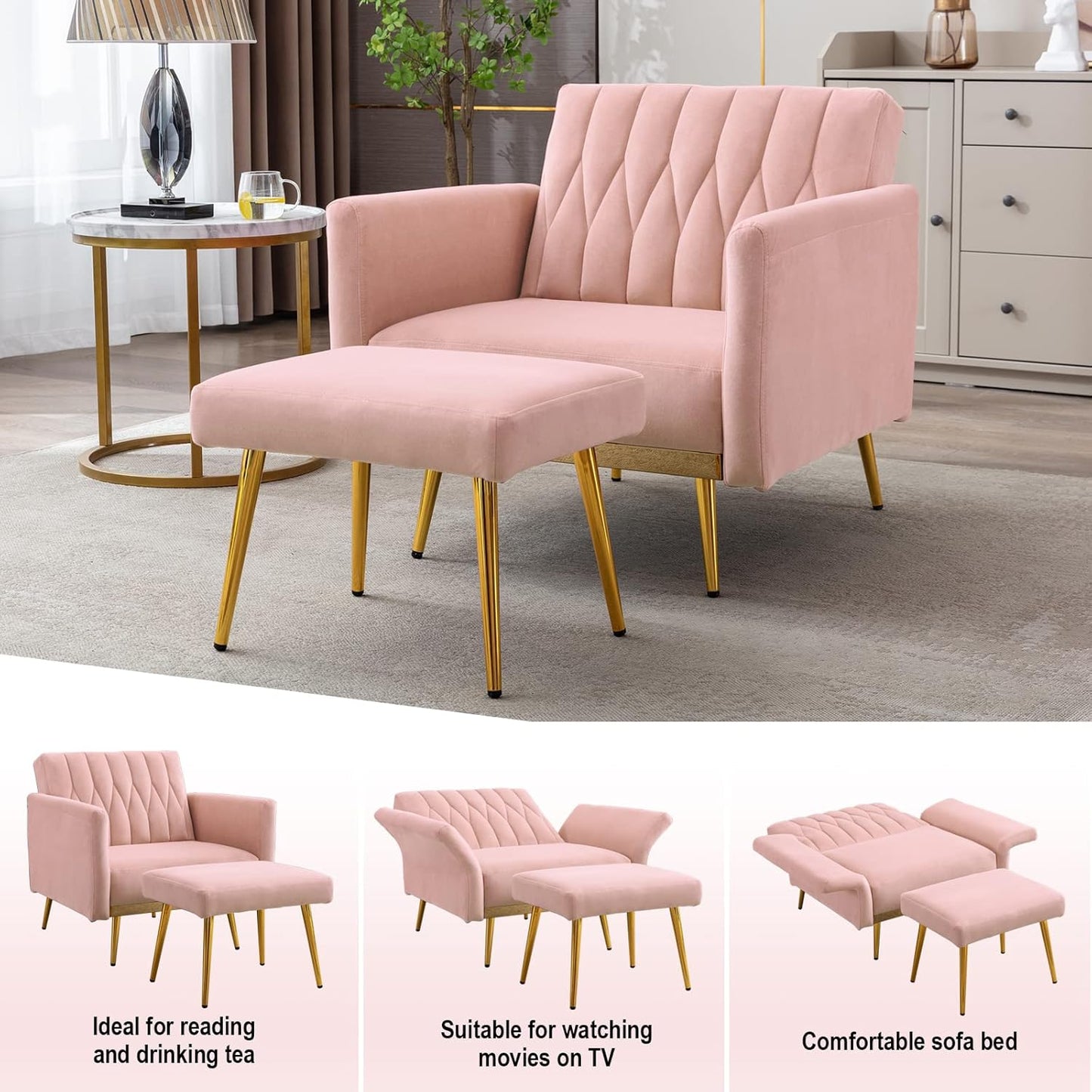 Velvet Accent Chair with Ottoman Modern Upholstered Tufted Armchair, Comfy Single Sofa Chair with Golden Metal Legs and Adjustable Arms for Living Room Bedroom Reading Room Office Pink