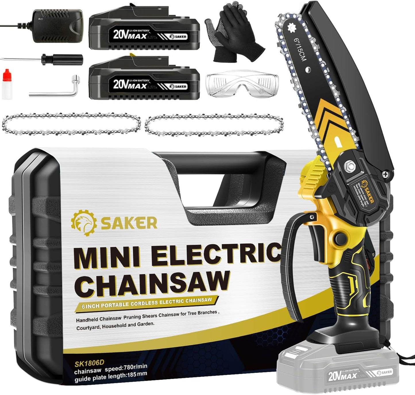 Saker Mini Chainsaw,6 Inch Portable Electric Chainsaw Cordless, Small Handheld Chain saw for Tree Branches,Courtyard, Household and Garden,Christmas Gifts for Men Dad Husband Women