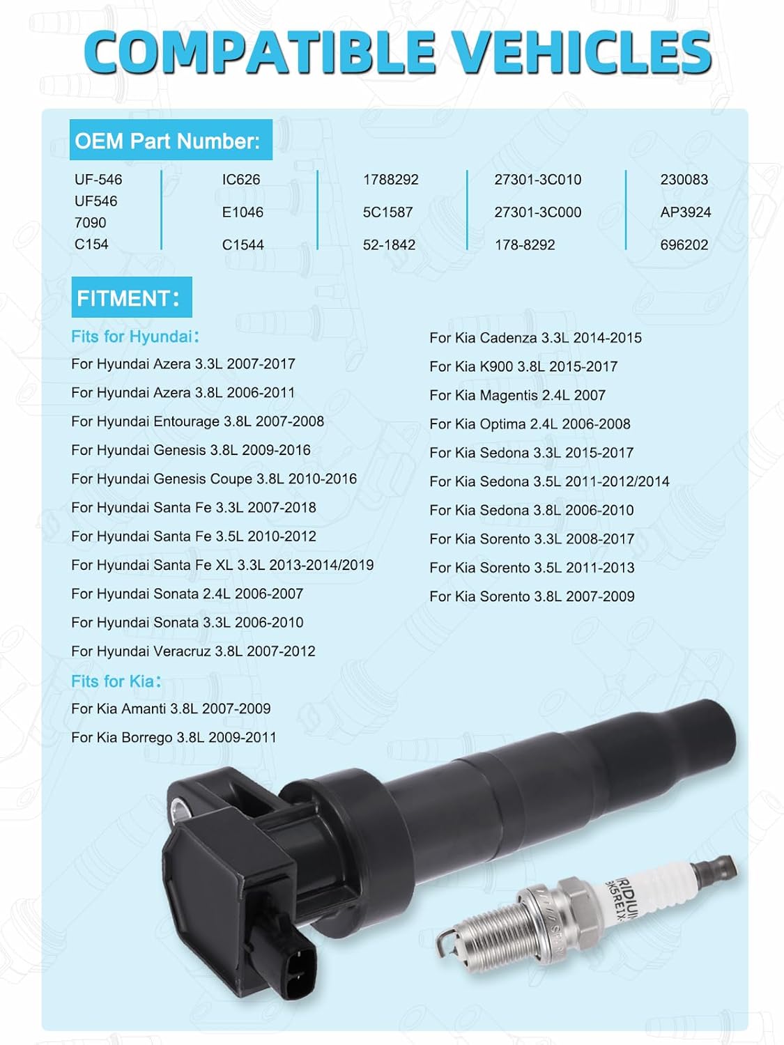Set of 6 UF546 Ignition Coil Pack & Iridium Spark Plugs (3.3L 3.5L 3.8L) For Hyundai Azera Santa Fe Genesis, For Kia Sedona Sorento Cadenza K900 Replaces# 5C1587 7090 27301-3C000