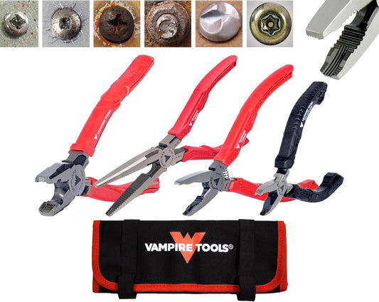 VAMPLIERS 4-PC Screw Extractor Pliers Set Made in Japan: 8" Linesman, 7.5" Long Nose, 6.25" Combination, 5" ESD Safe Mini Plier + Tool Pouch. Remove any Stripped/Damaged/Rusted Screws.