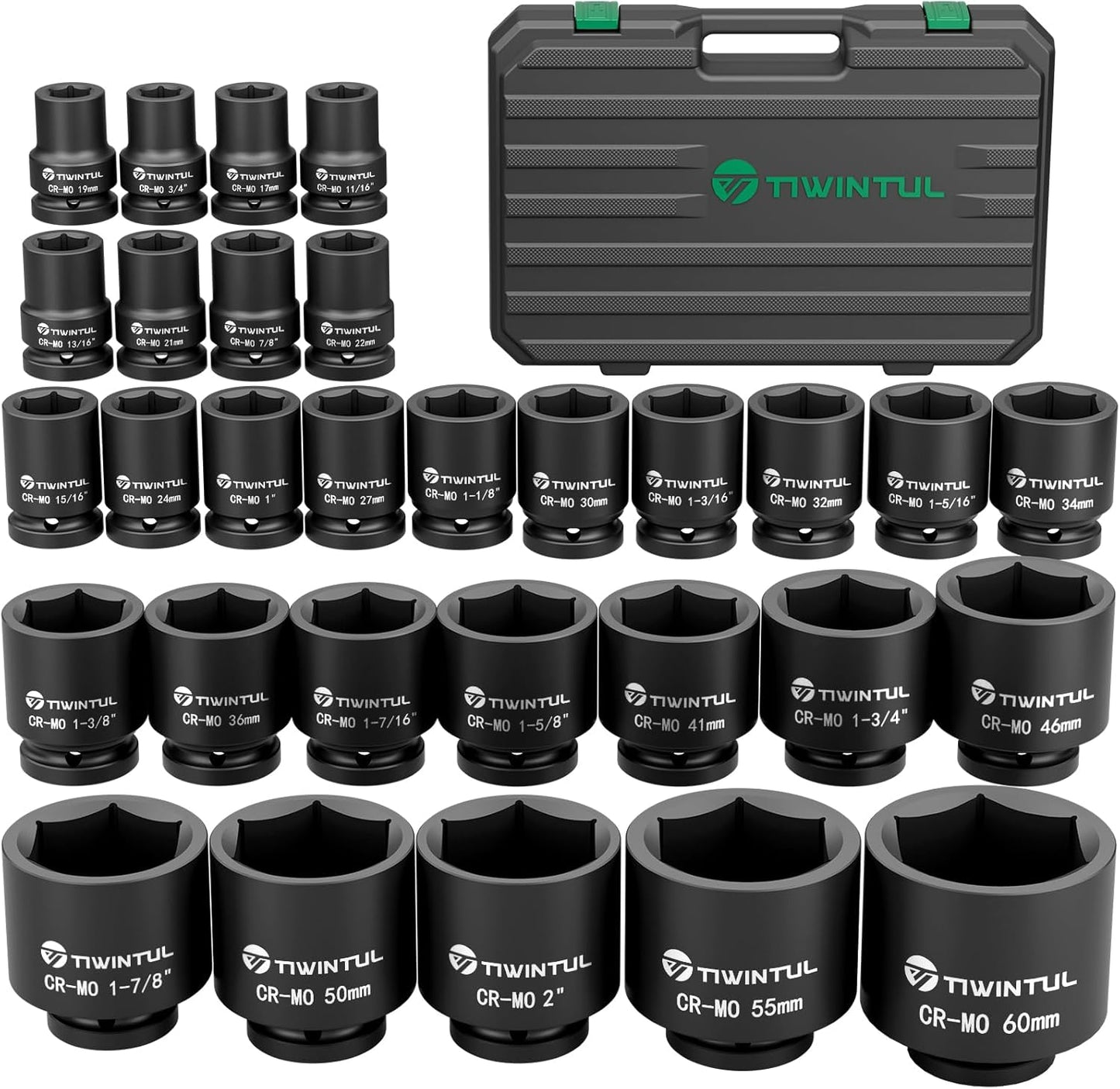 3/4 Inch Drive Impact Socket Set, 15 Pieces Heavy Duty 6-Point CR-MO Steel Impact Sockets, Metric Sizes 17-55 mm, Impact Socket Set for Auto, Truck and Large Machinery Maintenance