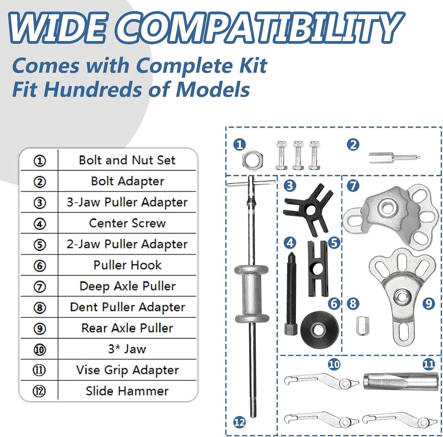 9-Way Slide Hammer Puller Set, Front Wheel Hub Bearing Remover & Rear Wheel Axle Hub Dent Shaft Puller Tool Kit Wheel Bearing Removal Tool