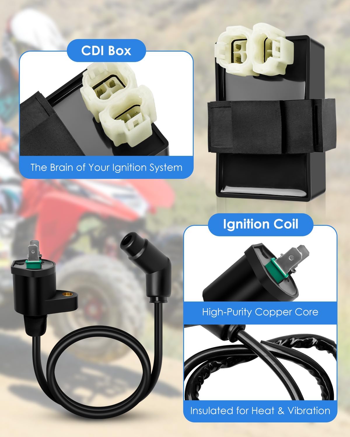 CDI Box Ignition Coil Kit Compatible with Honda Recon 250 1997-2021 TRX250TE TM TRX250EX TRX250X, CDI Box Ignition Coil Voltage Regulator Rectifier Relay Kit Replace 31600-HM8-B00