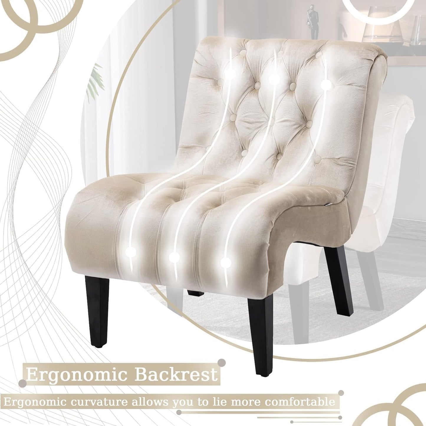 Comfy Velvet Accent Chair Set of 2, Upholstered Armless Side Chair for Living Room, Modern Small Lounger with Tufted Back and Rolled Edge Design, Comfy Chaise Lounge with Rubber Wood Legs, Beige