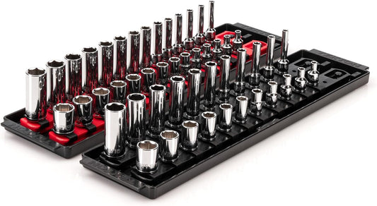TEKTON 1/4 Inch Drive 6-Point Socket Set with Rails and Trays, 50-Piece (5/32-9/16 in., 4-15 mm) | SHD90215