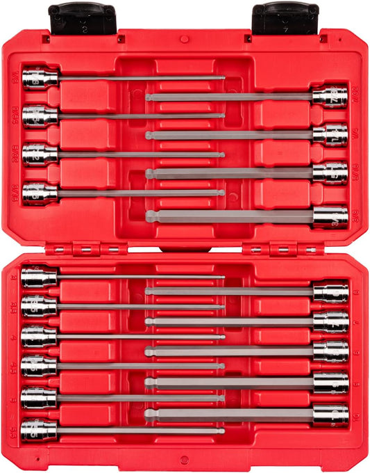 TEKTON 3/8 Inch Drive Long Ball End Hex Bit Socket Set with Case, 19-Piece (1/8-3/8 in., 3-10 mm) | SHB91321