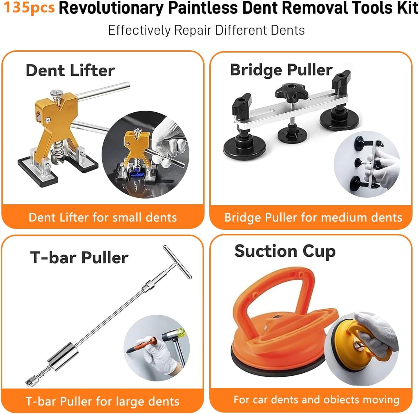 135pcs Dent Puller Kit, Paintless Dent Removal Kit for Dent Repair, Car Dent Repair Kit with T-Bar, Bridge Puller, Golden Lifter, Car Dent Remover for Car Refrigerator Door Ding Repair