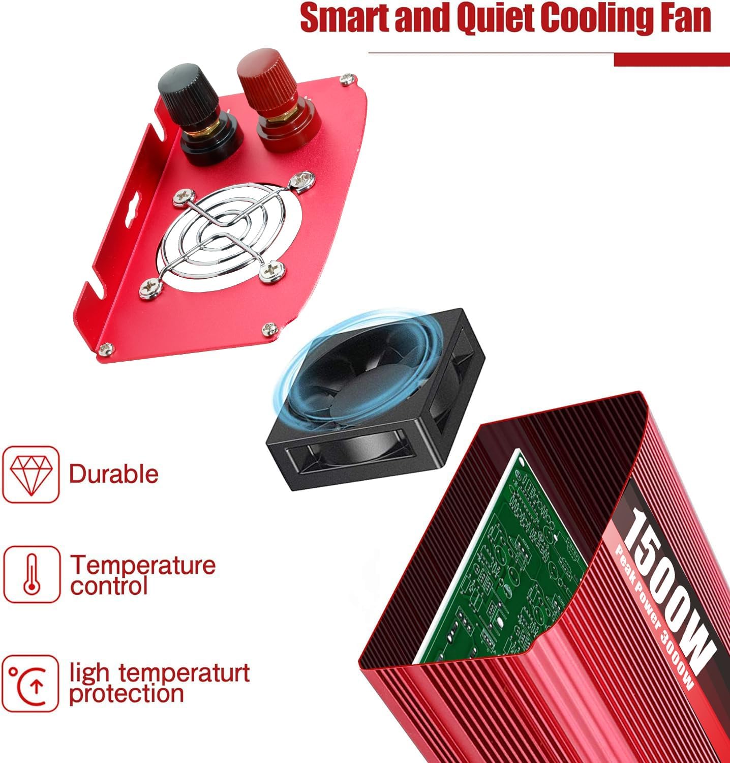 1500W/3000W(Peak) DC 12V to 110V/120V AC Power Inverter with Dual AC Outlets Dual 3.1A USB Car Adapter and Cigarette Lighter for Car Home Truck Outdoor Red