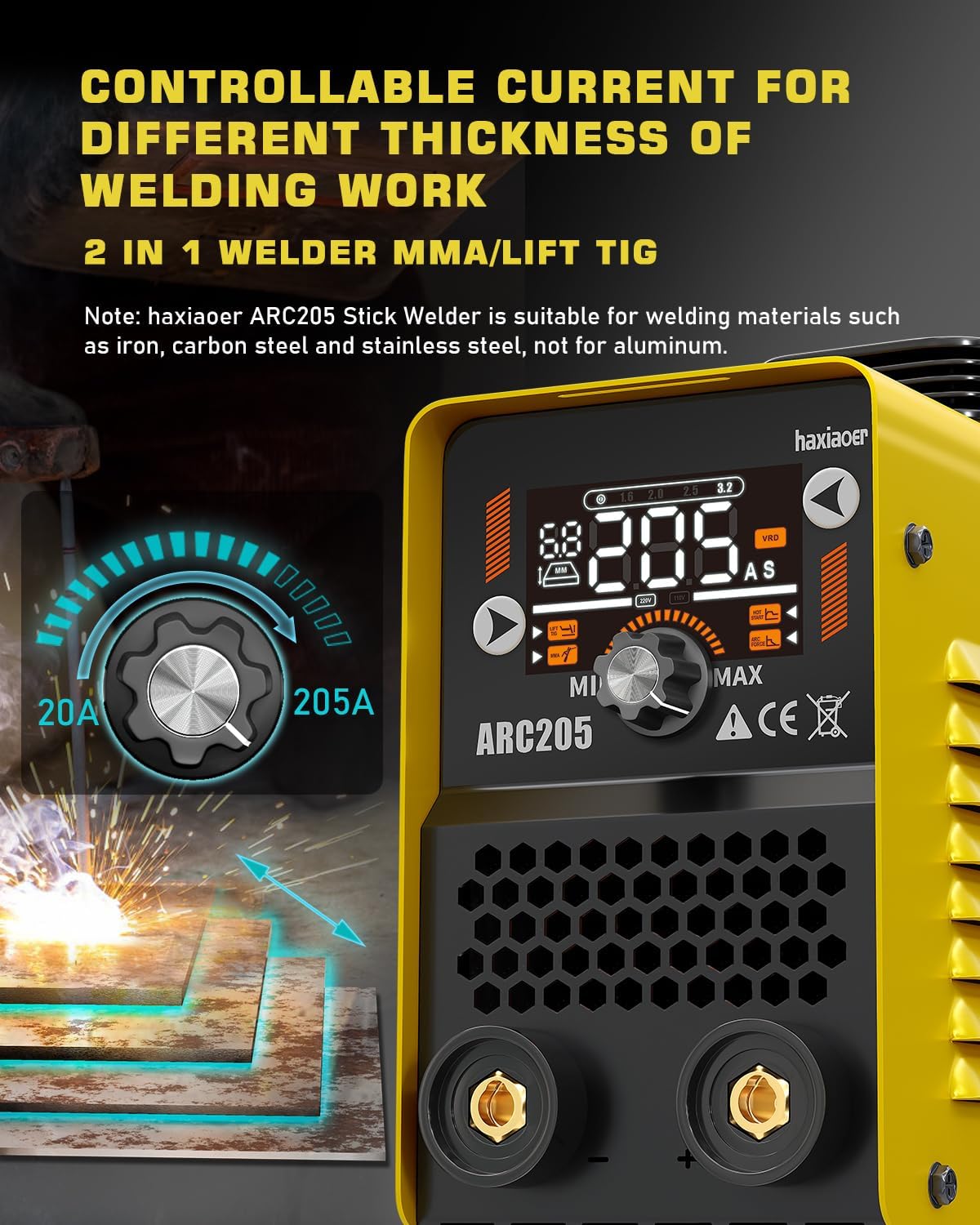 Actual 205A Stick Welder, [Friendly Large LED Dispaly] Synergy 2 In 1 MMA/Lift TIG Welding Machine Dual Voltage ARC Welder Kit 110V/220V with ARC Force, Hot Start, VRD and 10 Welding Rods
