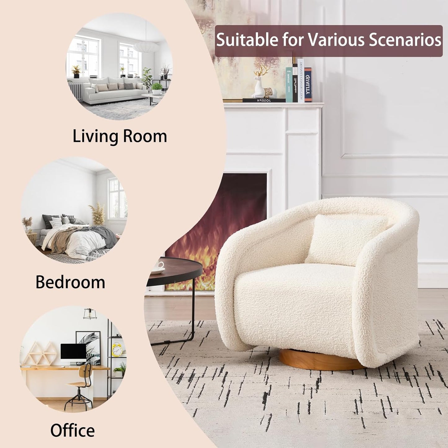 360 Degree Swivel Barrel Chair, Comfy Upholstered Accent Chair Modern Teddy Fabric Swivel Chair Pumpkin-Shaped Arm Chair for Living Room Bedroom Apartment Office （White）