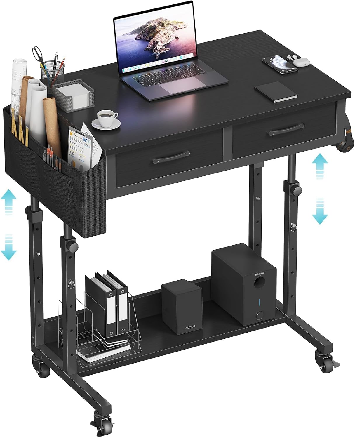 White Portable Rolling Computer Desk - 40 Inch Adjustable Mobile Standing Teacher Desks with 3 Fabric Drawers on Wheels, Couch Sofa Side Laptop Stand Up Table with Storage for Home Office, White