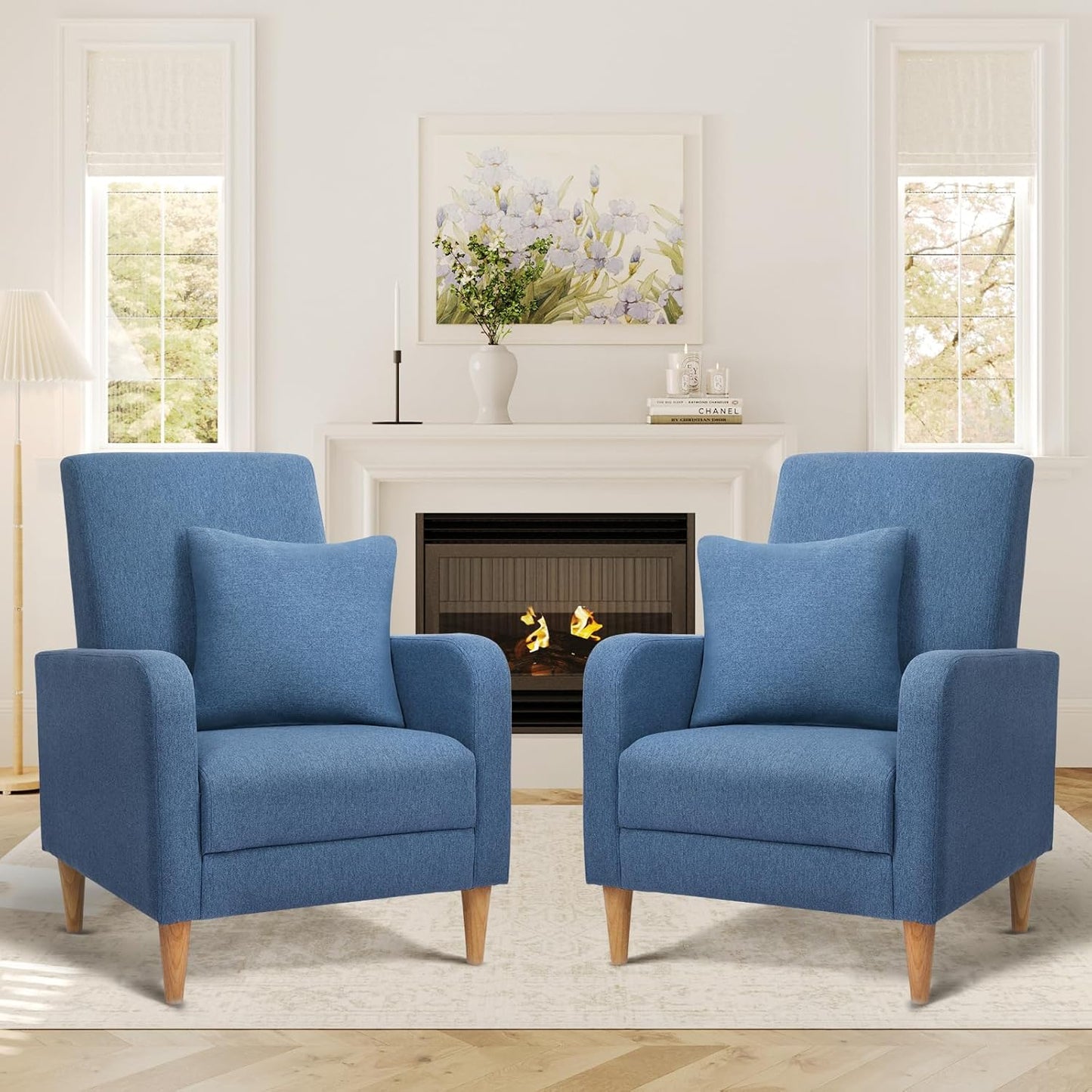 COLAMY Fabric Accent Living Room Chairs Set of 2, Upholstered Arm Chair Reading Side Chair, Single Sofa with Back Pillow and Wood Legs, Blue