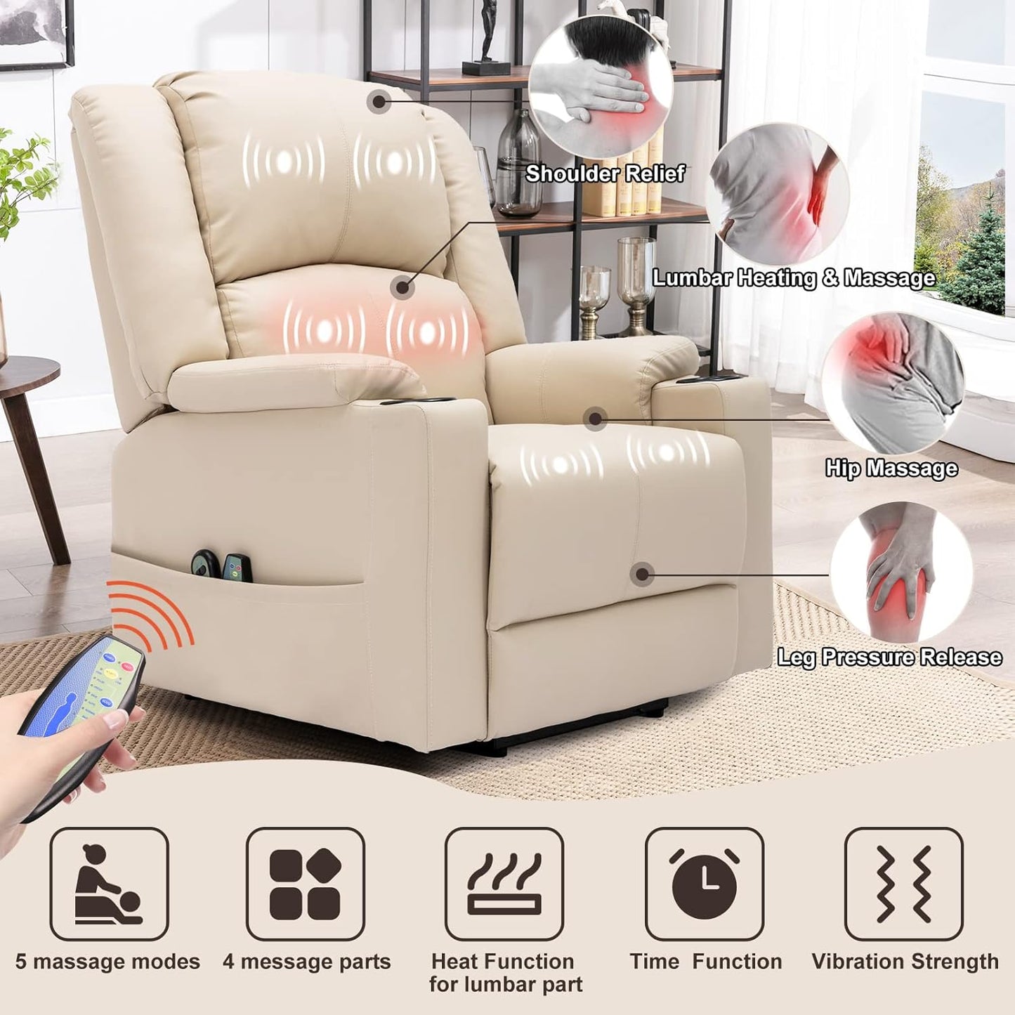 COMHOMA Power Lift Recliner for Elderly,Lift Chair with Heat and Massage,PU Recliner Sofa with Timing Function 2 Side Pockets,Cup Holders and Infinite Position for Living Room (White)