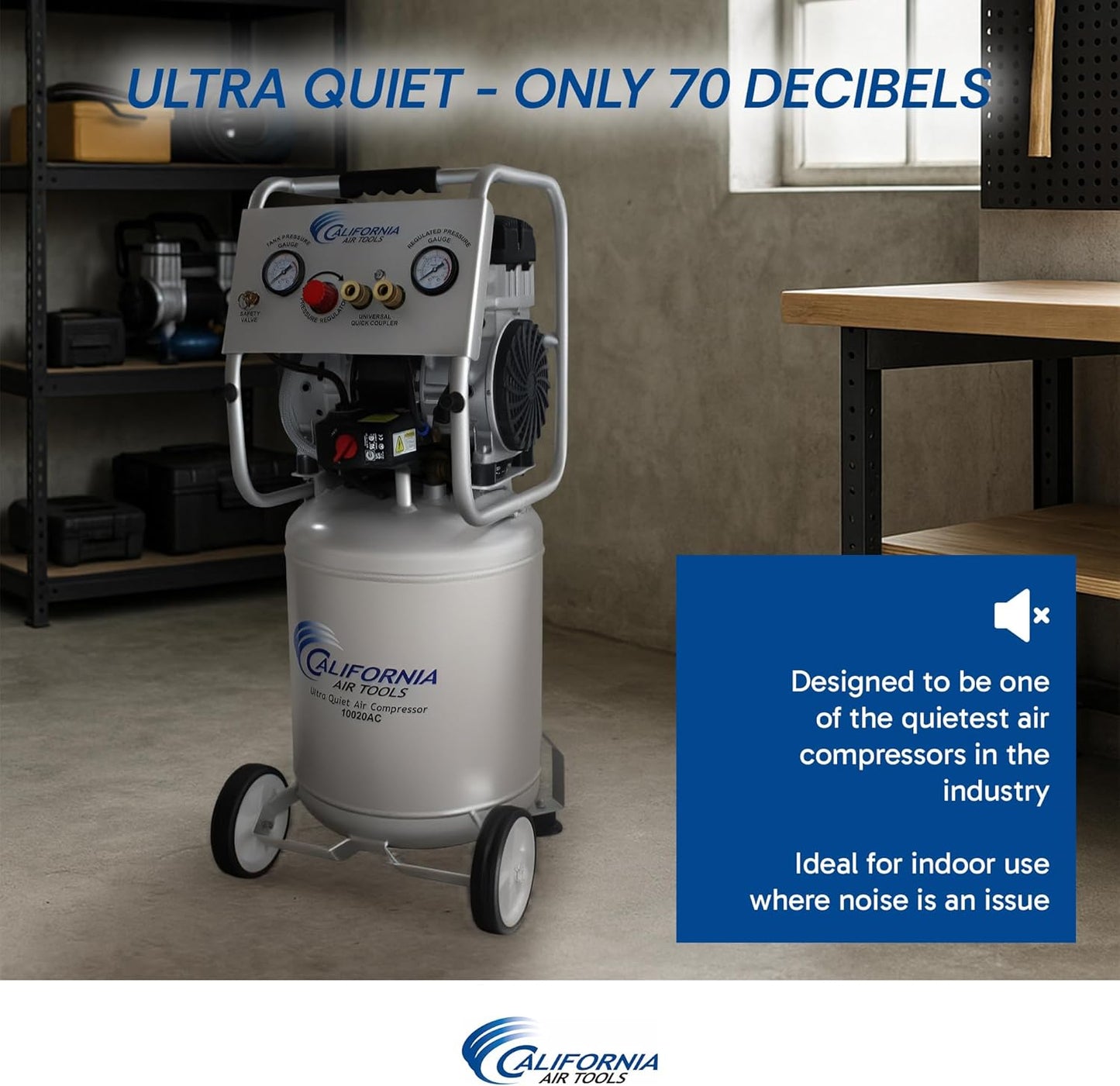 California Air Tools CAT-10020AC 2.0 HP Ultra Quiet, Oil-Free, Lightweight Air Compressor with Wheels, 10 Gallon Tank Capacity, 70 dB Noise Level, Electric, Portable