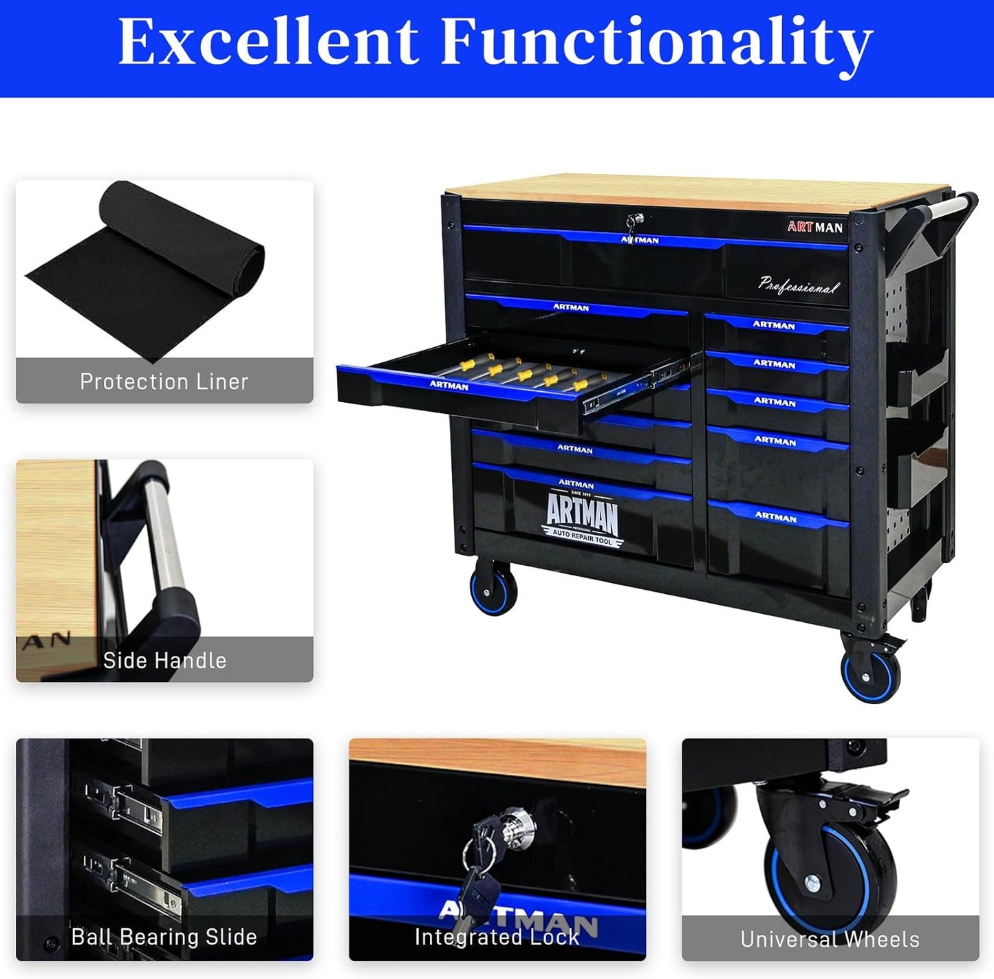 Rolling Tool Chest on Wheels, Heavy Duty Metal Tool Cabinet Chest with 12 Drawers, Wooden Workbench Top, Large Tool Cart for Warehouse, Garage, Workshop, Repair Shop, Tool Organizer Chest