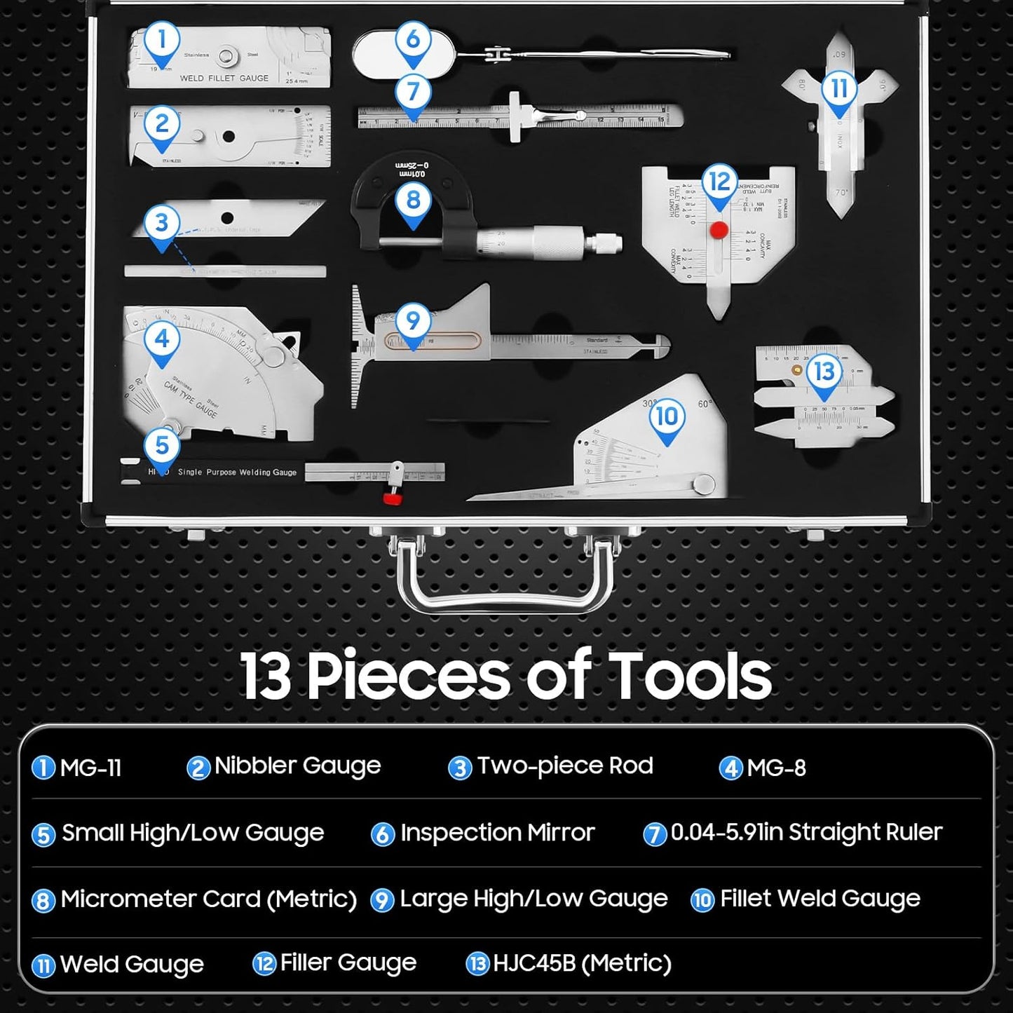 13-Piece Stainless Steel Welding Gauge Kit, Professional Fillet Weld Inspection Tools for Boiler, Bridge, Pipeline, Metric & Inch Measurement (Portable Toolbox Included)