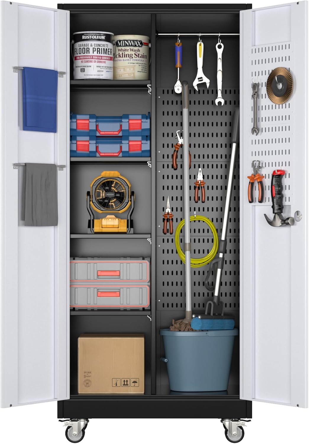 71" H Broom Storage Cabinet with Wheels and Doors,Rolling Tool Cabinet with Pegboard,Shelves and Rod for Garage Warehouse Home,Required Assembly,Black
