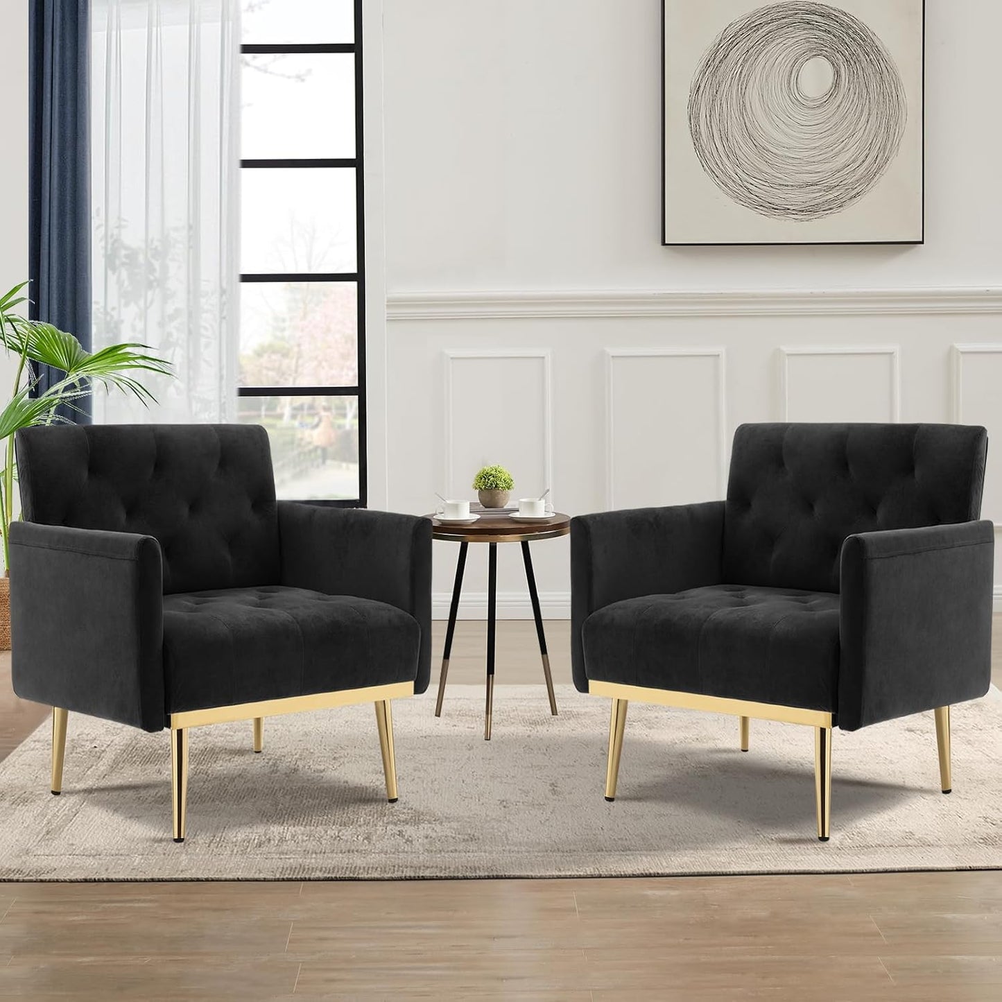 Black Velvet Accent Chairs Set of 2, Comfy Button Tufted Armchair, Upholstered Arm Chair Single Sofa Reading Chairs with Arms and Gold Metal Leg for Living Room Bedroom Nursery Office
