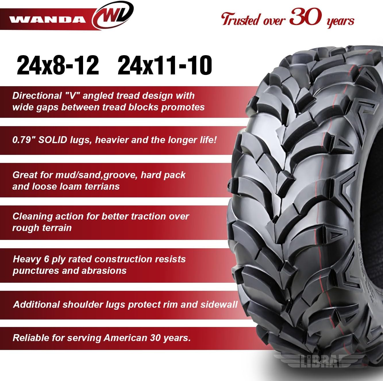 WANDA Set 4 ATV tires 24x8-12 & 24x11-10 00-02 Polaris Magnum 325 Xpedition 325