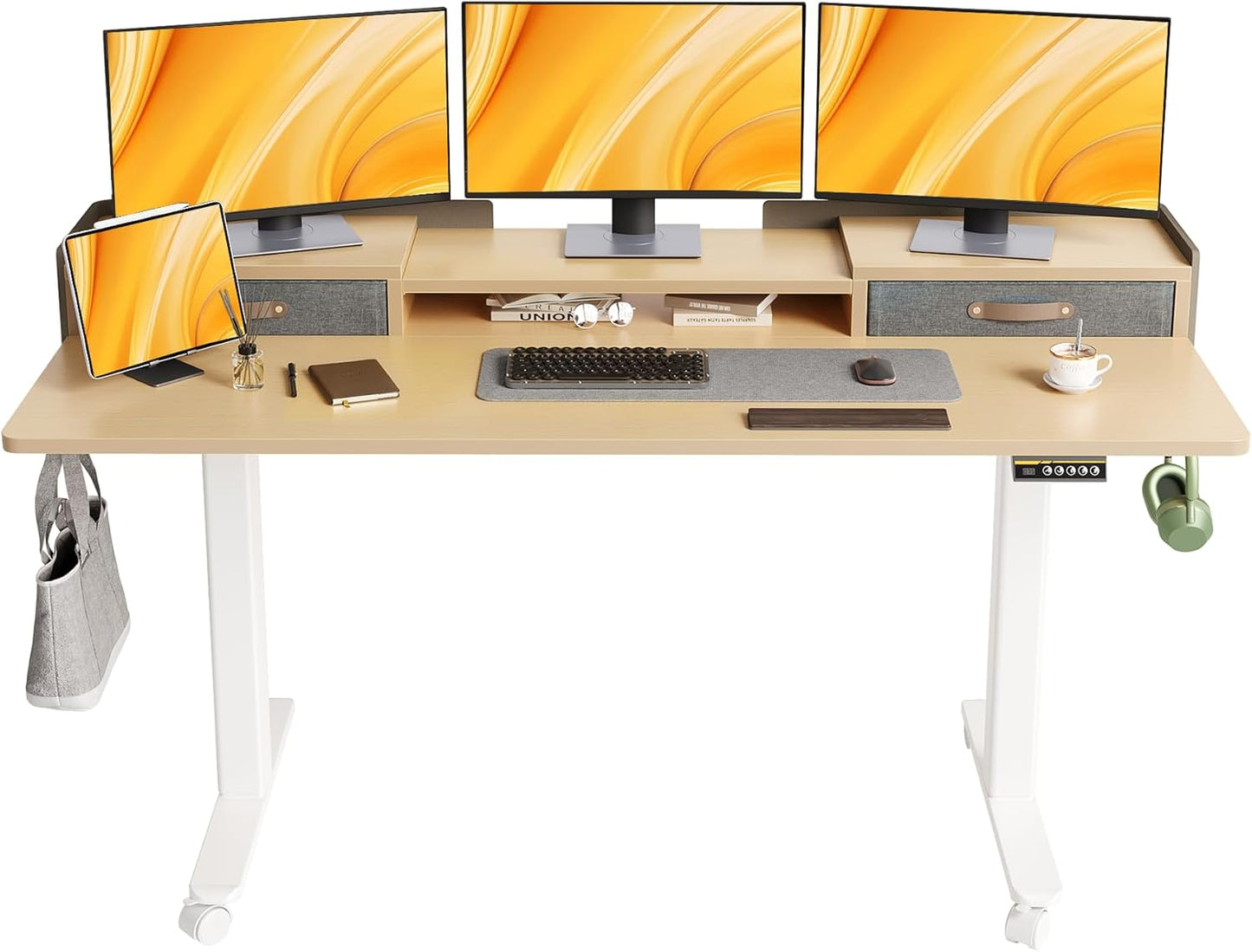 Claiks Standing Desk with Drawers, Adjustable Stand Up Electric Standing Desk Adjustable Height with Storage Shelf and Splice Board, 59 Inch, White