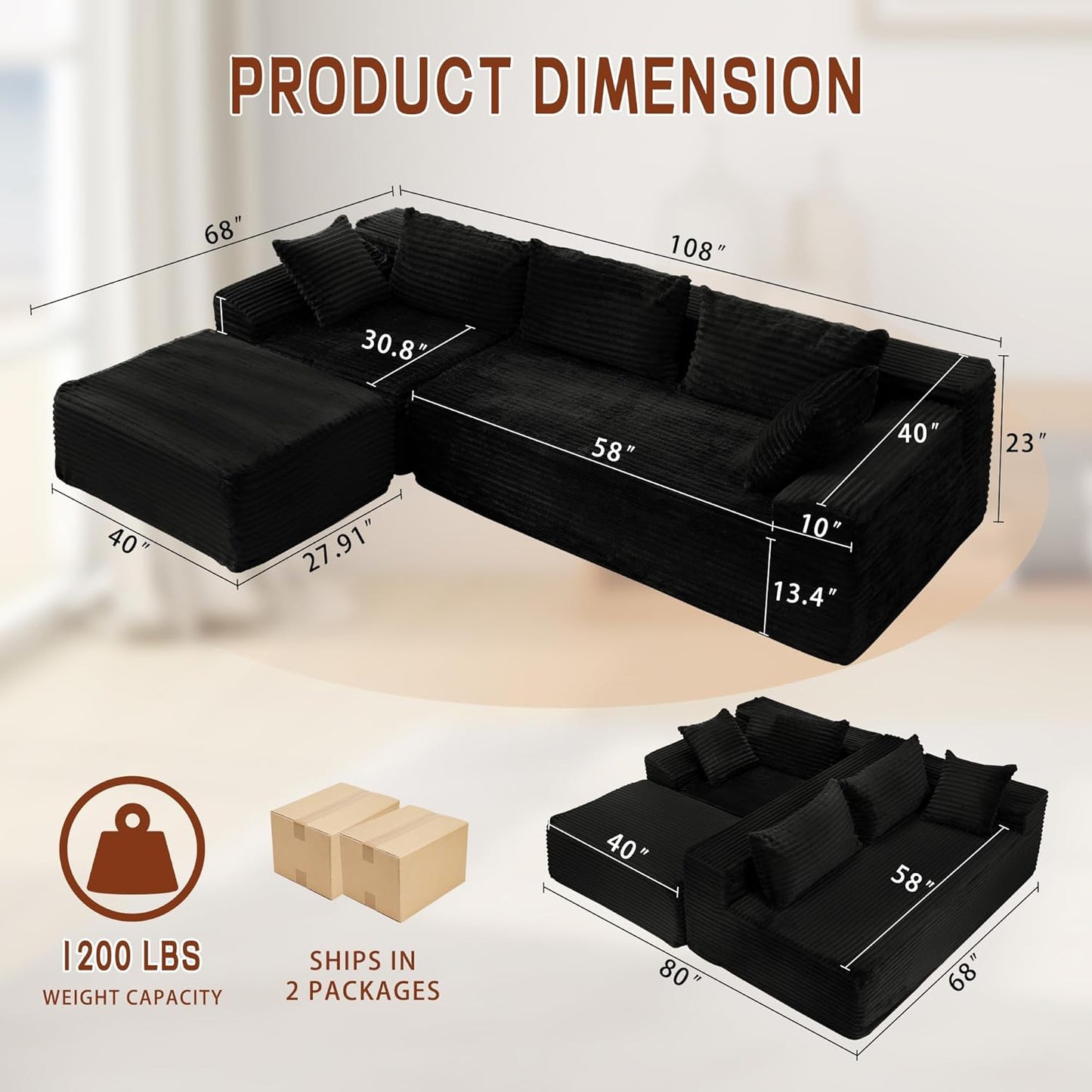 108" Sectional Couches for Living Room, Modular Sectional Sofa with L-Shape Chaise, Cloud Couch, Comfy Corduroy Fluffy Couch with Deep Seat and Side Pockets, No Assembly Required