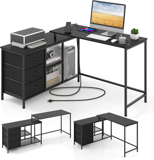 Tangkula 81 Inch L-Shaped Desk with Power Outlet, Convertible Corner Desk with Drawers & Shelves, Office Desk for Working, Studying, Gaming (Black)