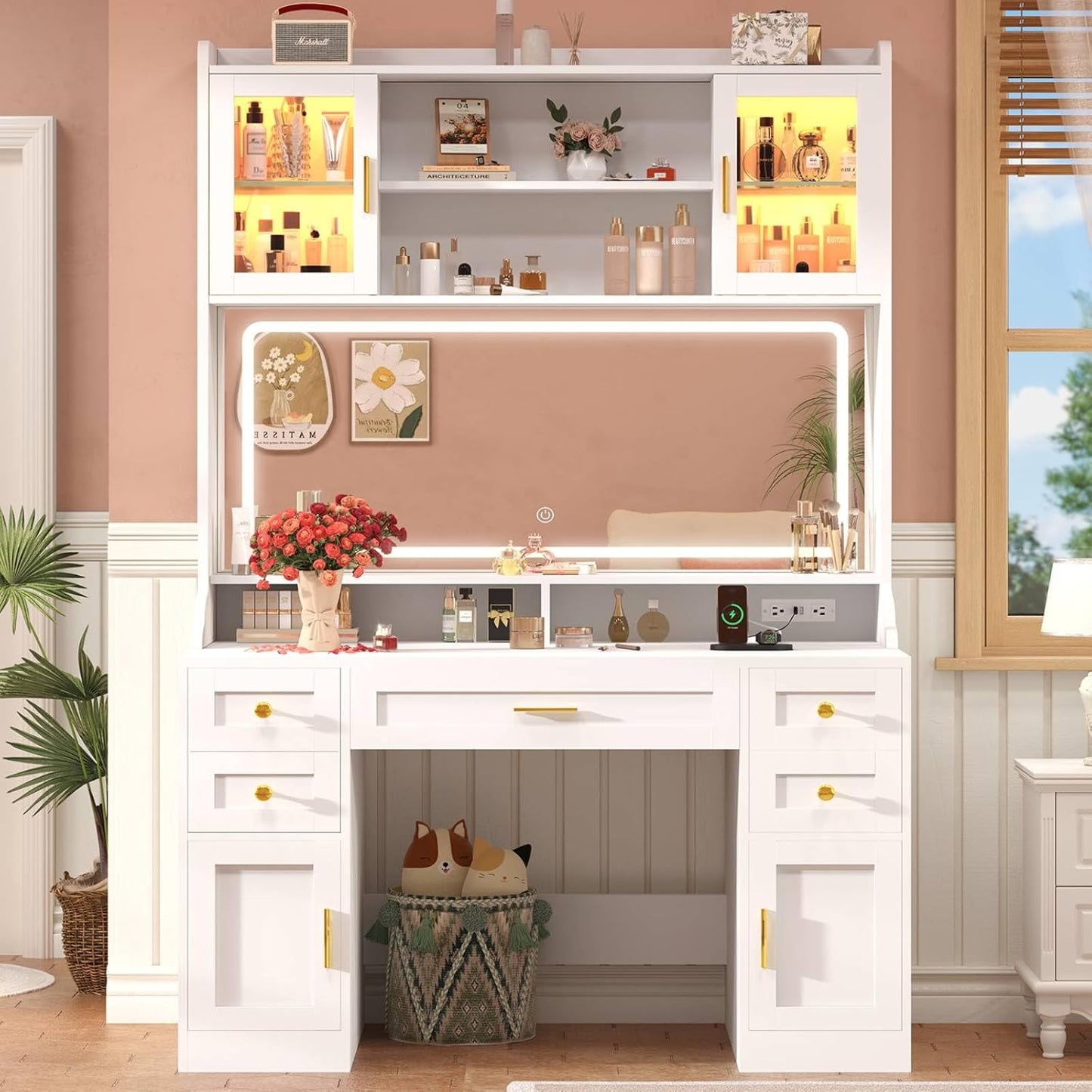 White Makeup Vanity Desk with Mirror and Lights, Large Vanity Table Set with Charging Station, Dressing Table with RGB Cabinets, Makeup Vanity Mirror with Light Desk and Drawers, 3 LED Light Modes
