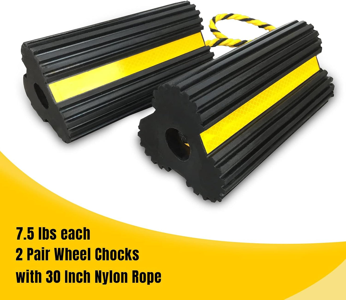 2 Pair Rubber Heavy Duty Dual Wheel Chocks Front and Back, RV Leveling Blocks Non Slip Base with Nylon Rope Yellow Reflective Tape for Travel Trailers, Car, Camper, Truck (4 Pack)