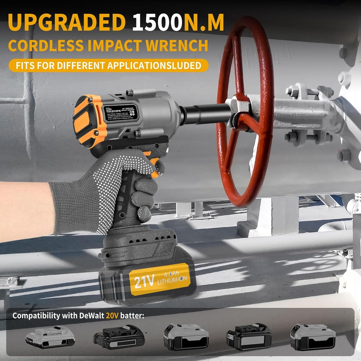 1/2" 1500N. m Cordless Impact Wrench Suitable 20V DeWalt Battery, 1105Ft-lbs High Torque Brushless Impact Gun with 5 Sockets,LED Work Light, Pistola De Impacto for Car Truck Mower(No Battery)