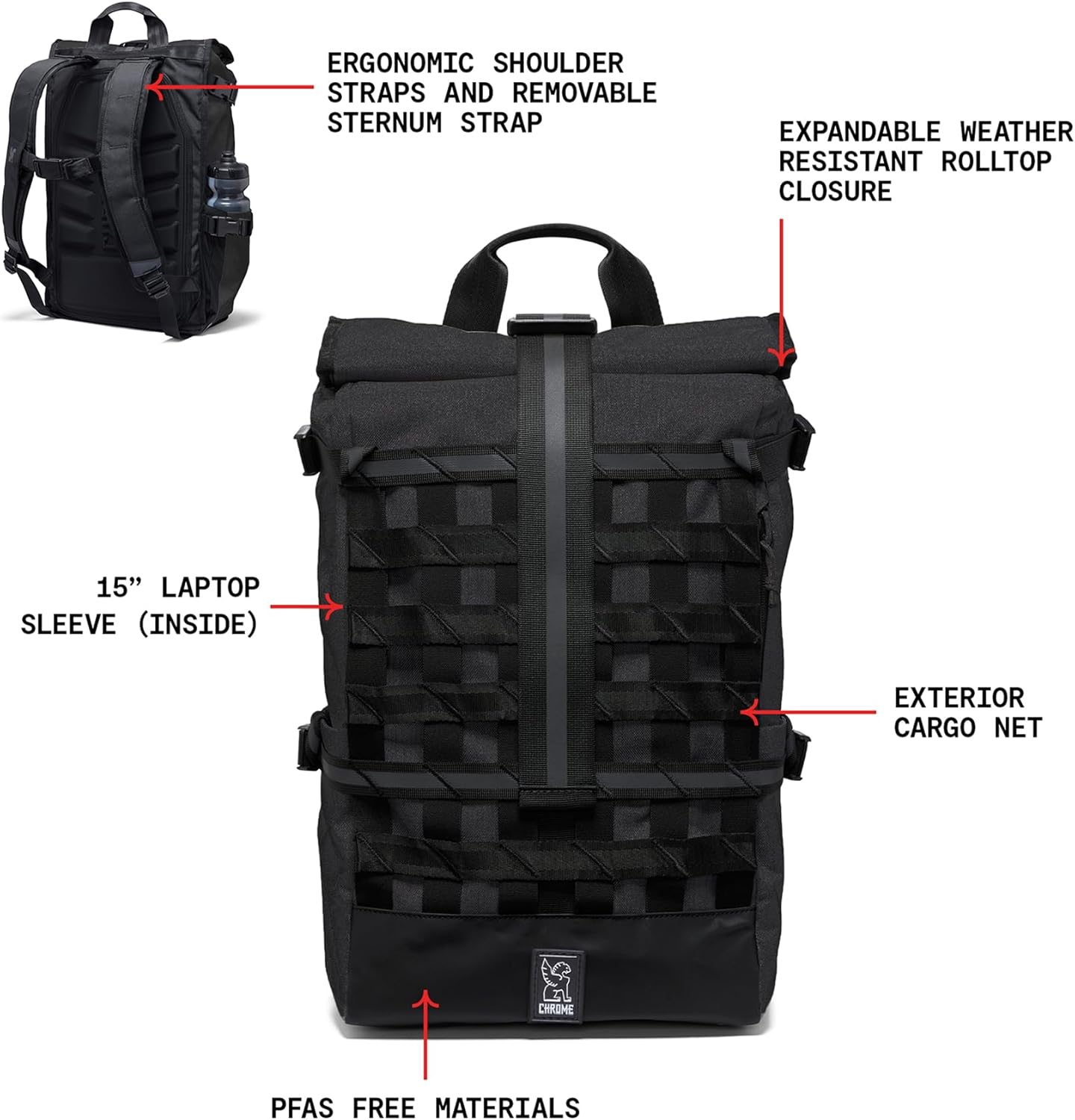 Chrome Industries Barrage 22L Black Roll-Top Backpack – Water Resistant Bag for Work, School, Travel – Features Cargo Net & Laptop Pocket