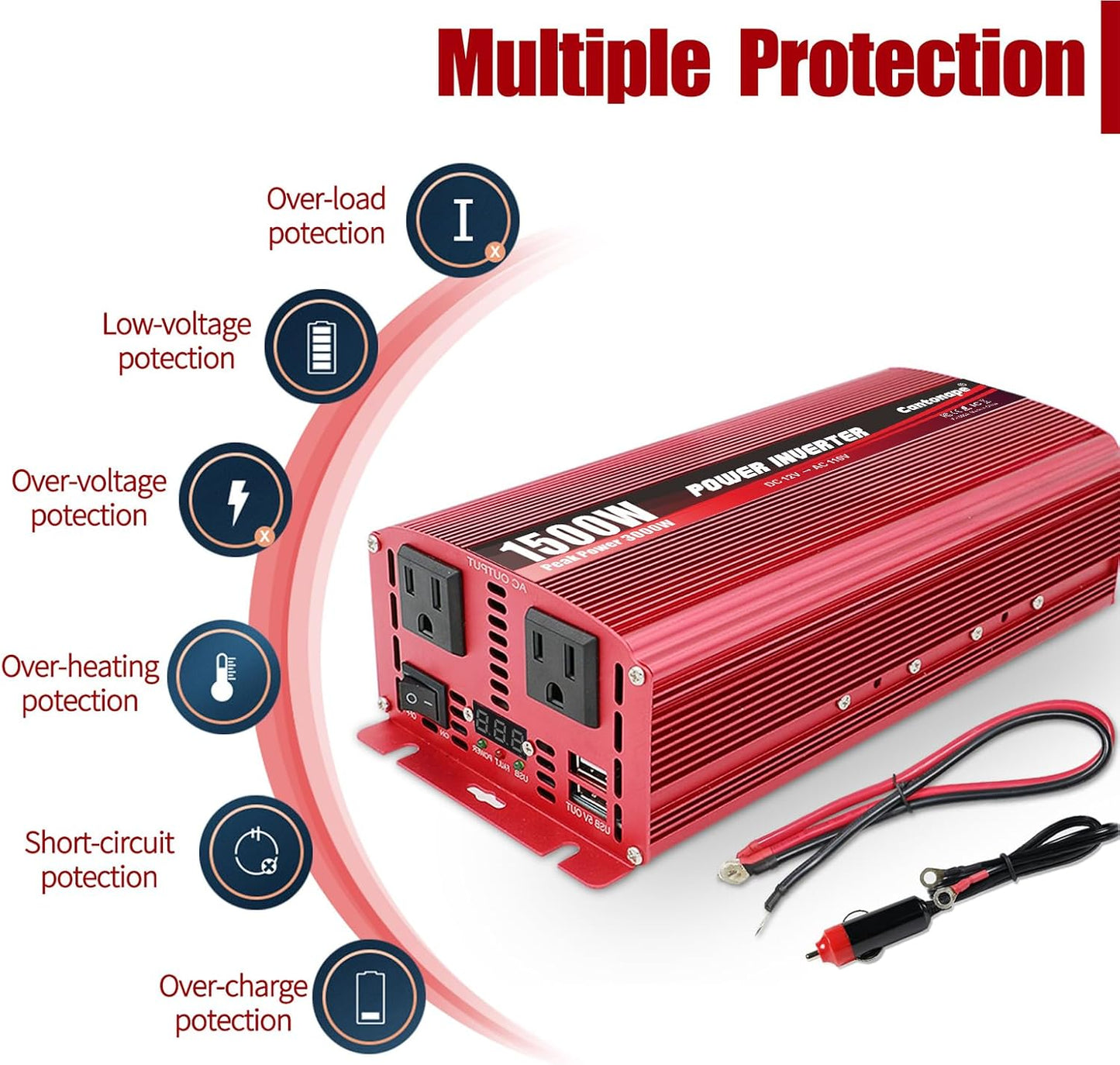 1500W/3000W(Peak) DC 12V to 110V/120V AC Power Inverter with Dual AC Outlets Dual 3.1A USB Car Adapter and Cigarette Lighter for Car Home Truck Outdoor Red