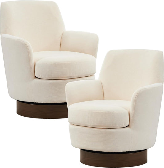 Swivel Barrel Chair Set of 2, Linen Modern Swivel Accent Chairs Armchair with Gold Stainless Steel Base, Reading Chair for Bedroom Comfy Round Barrel Chair for Living Room, Beige