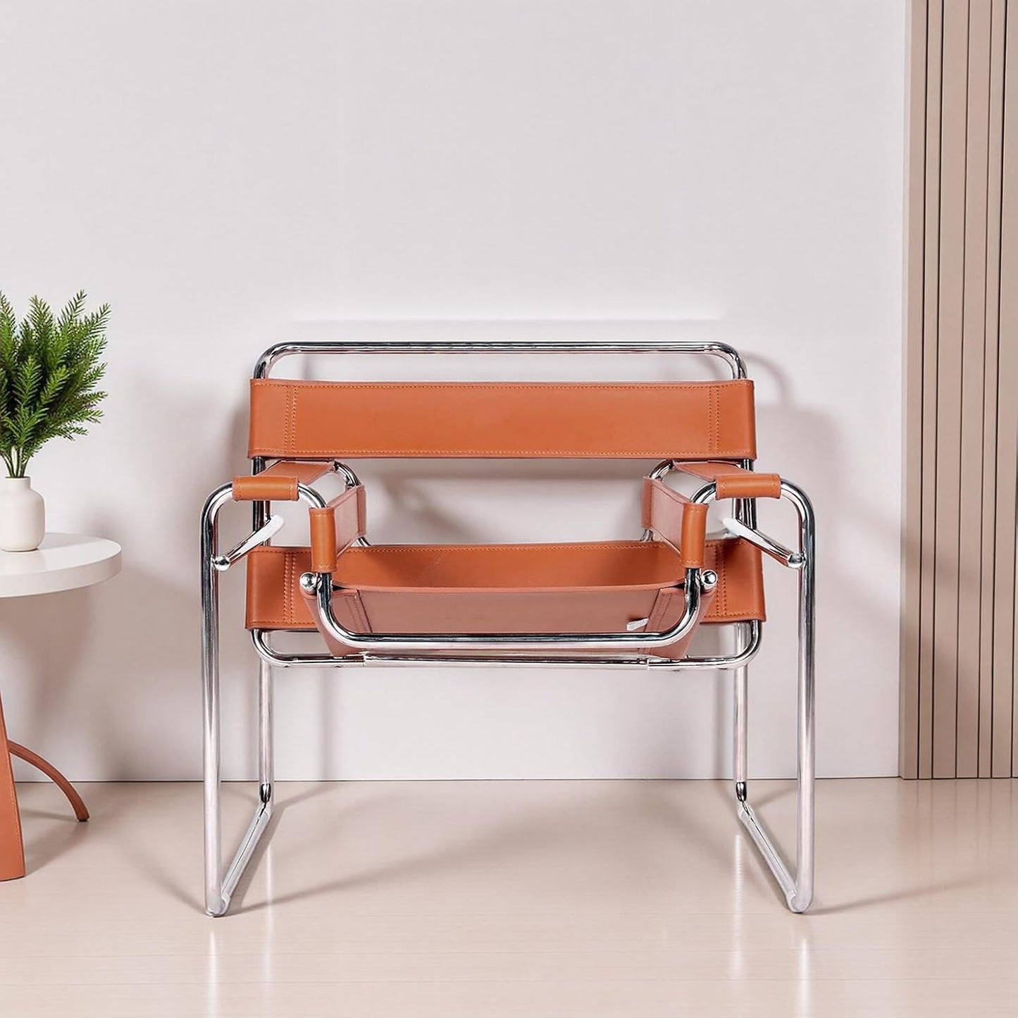 Saddle Leather Armchair, Mid-Century Modern Accent Chair, Studio Chair, Stainless Steel Frame for Living Room Bedroom Office Studio, Amber