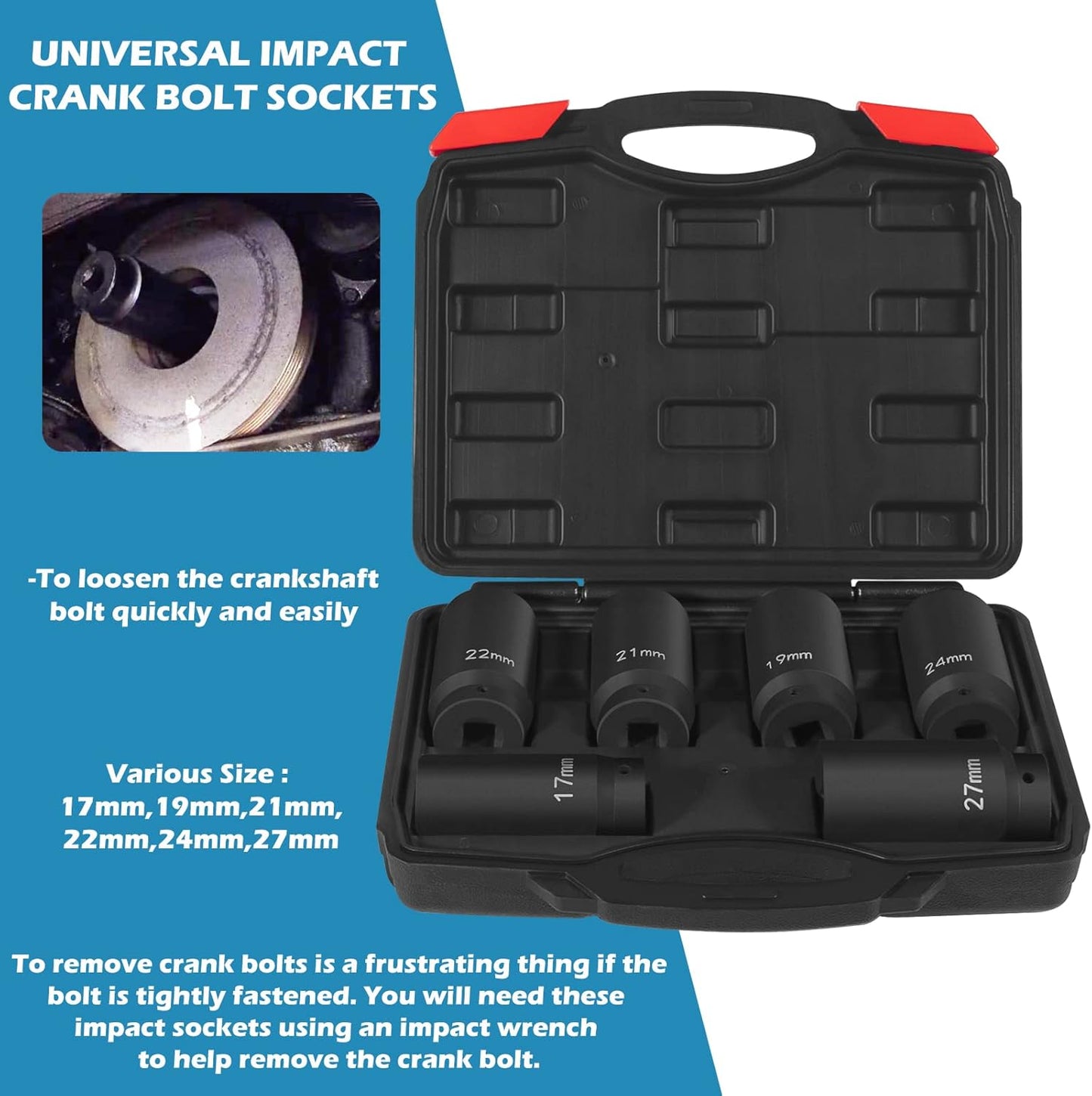 1/2" Drive Crank Bolt Socket Set, 17MM, 19MM, 21MM, 22MM, 24MM 27MM, Harmonic Balancer Socket Set, Crank Bolt Removal Tool, 3 Times Momentum Power of Standard Impact Socket Set, Deep Impact Socket Set