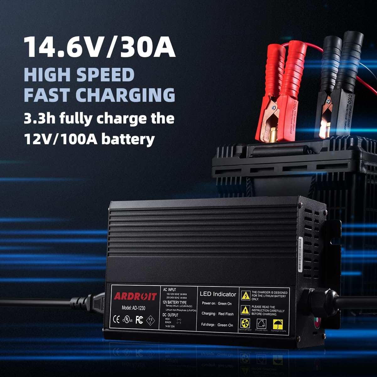14.6V 30A Lithium Battery Charger, LiFePO4 Battery Charger AC-DC Smart Charger with Intelligent Trickle Charging, Cooling Fan, Switch, Dual Connection, Automatic Battery Maintainer