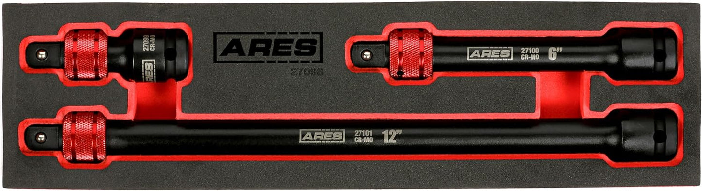 ARES 27094 – 3-Piece 3/8-Inch Drive Locking Impact Socket Extension Set – Aluminum Locking Ring Collar for Quick Release of Sockets and Accessories – 3-Inch, 6-Inch, and 12-Inch Extensions