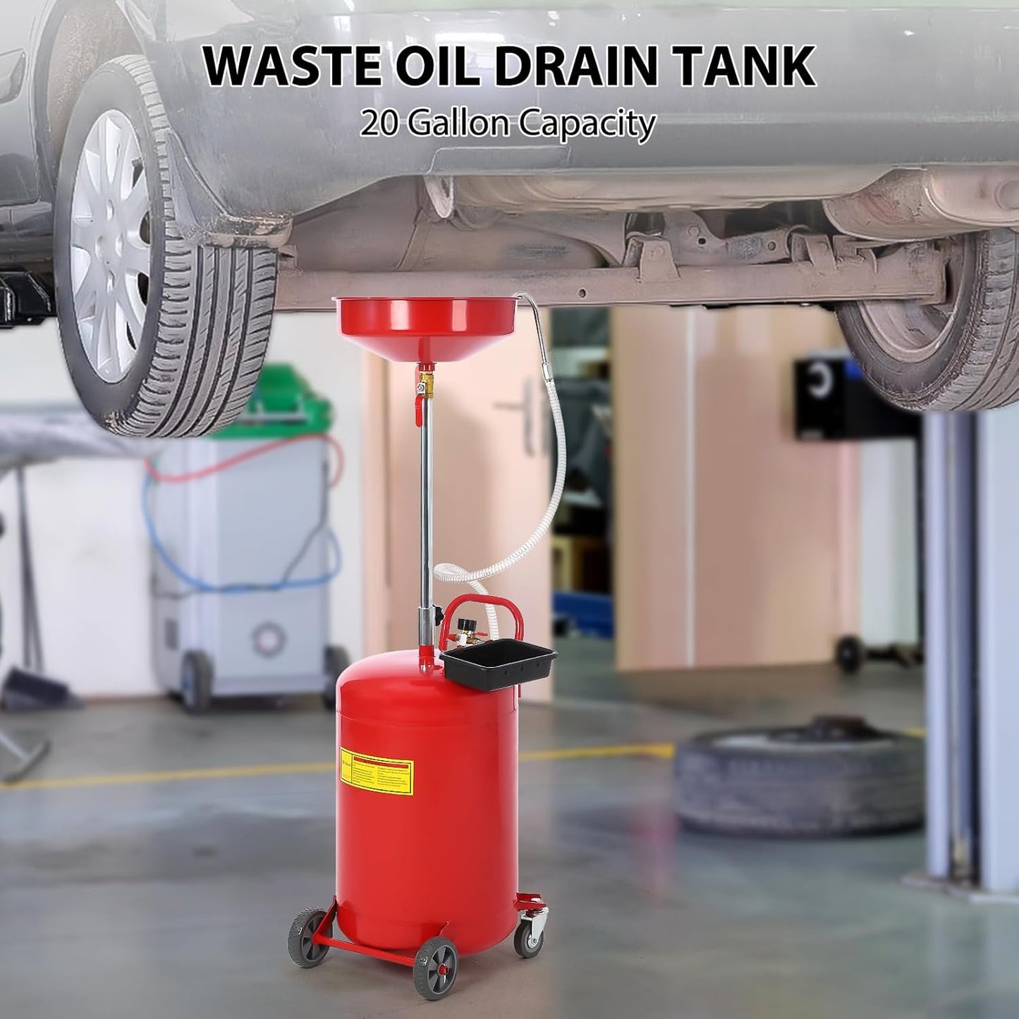 20 Gallon Oil Drain Tank, Fluid Fuel Transfer Tank, Portable Oil Drain Container, Air Operated Drainer with Wheels and a Toolbox, Adjustable Funnel Height