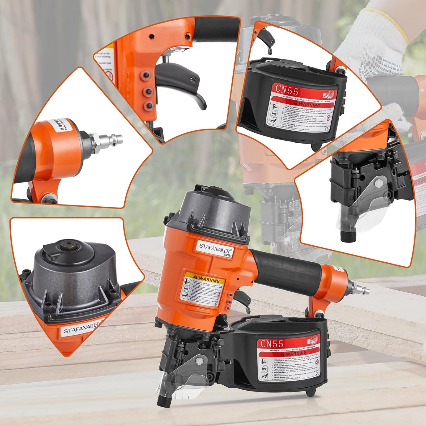 Update CN55 Pneumatic Siding Nailer for 1-Inch up to 2-1/4-Inch Nails, 15 Degree Coil Nail Gun with Bump Firing for Fast Nailing Speed, Coil Nail Gun for Pallets, Siding, Crating, Fencing, Decking