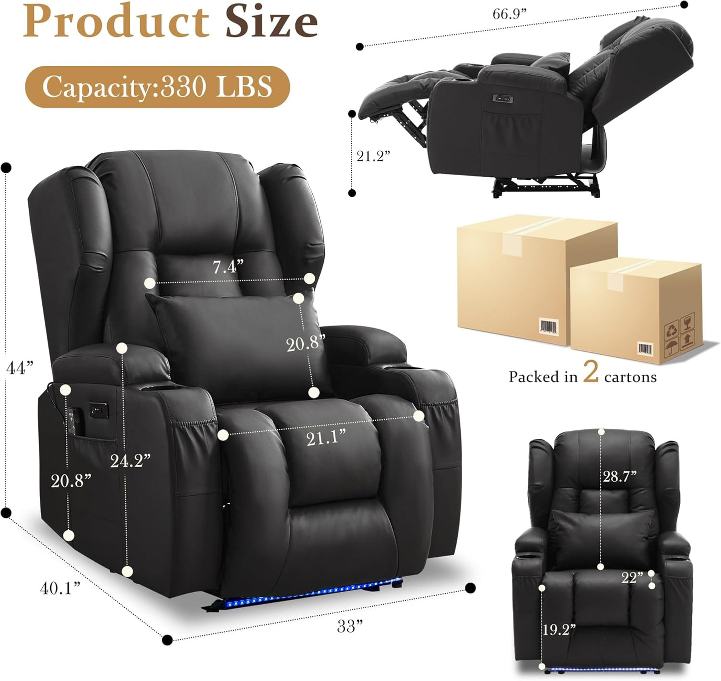 URRED Recliner Chair for Adults, Power Reclining Sofa Chair Home Theater Seating with Vibration Massage and Heat, LED Ambient Light, USB Ports, Cup Holders, Side Pockets (Black)