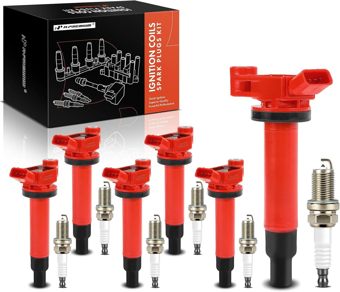 A-Premium (Red) Engine Ignition Coil Pack Compatible with Toyota Camry 2002-2006, Highlander 2001-2010, Sienna 2001-2006, Avalon 2000-2004, Solara 2004-2008 & Lexus RX300, ES300, ES330, 6-PC Set